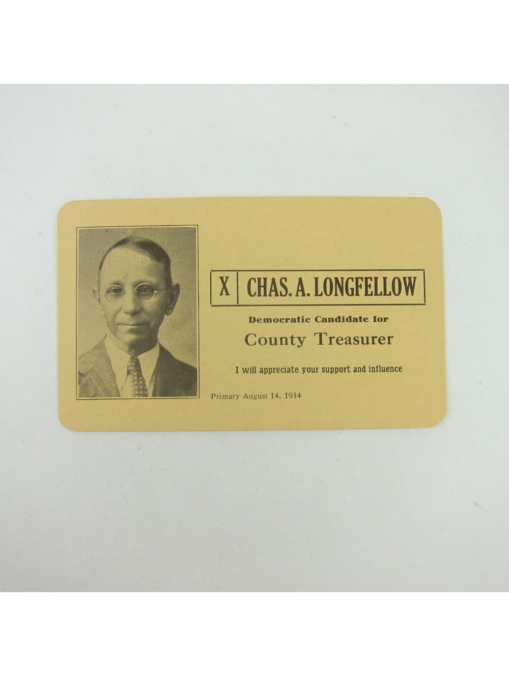 Political Campaign Election Card Darke County Ohio Charles A. Longfellow 1934